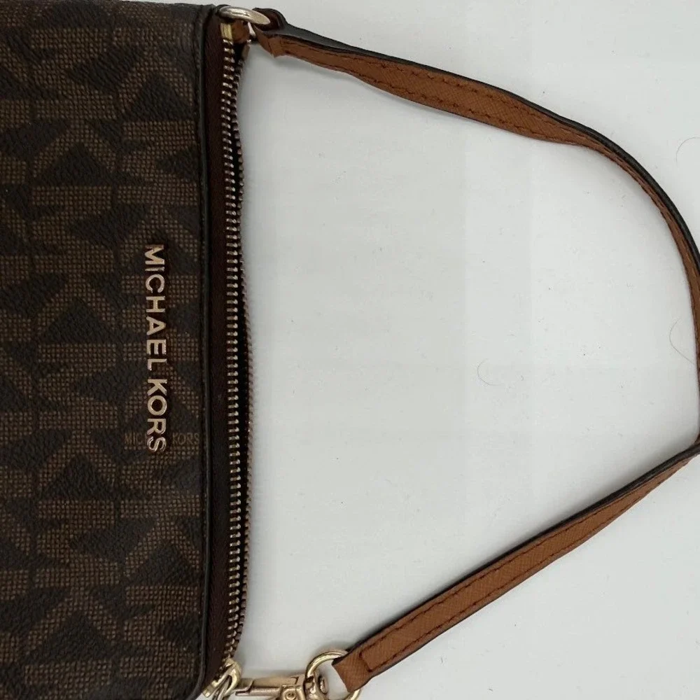 Michael Kors Brown Monogram Wristlet Bag Small Clutch Gold Hardware